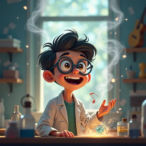 2000s;  a laboratory ; a surprised and astonished young scientist , smiling,  watching a lot of smoke come out of a bottle,  with musical notes in the air .  Young man wearing glasses ;  guitars in the background .  Lots of smoke . Untuned notes . 
