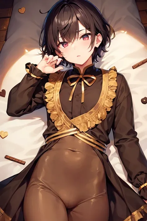 ((All men))、 dark-haired handsome guy 、Short hair、Kawaii eyes、 gentle expression 、 neutral look 、Troubled face、Cute looks、Heart-patterned clothes 、Chocolate Decorations 、brown ribbon costume