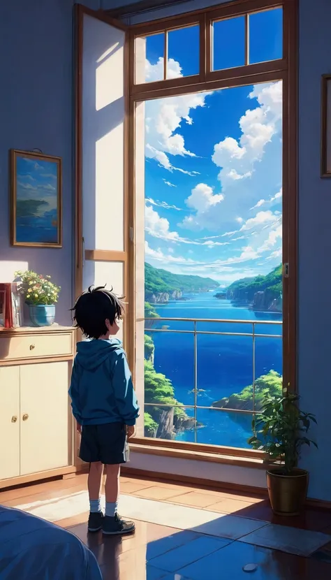 Dr aw a simple art in Tintinpixai style, un niño dentro de una habitacion viendo atraves de una ventana gran vertical largo, amazing reflections, beautiful reflection, stunning photo, epic and impressive, crossing the blue horizon, beautiful anime peace sc...