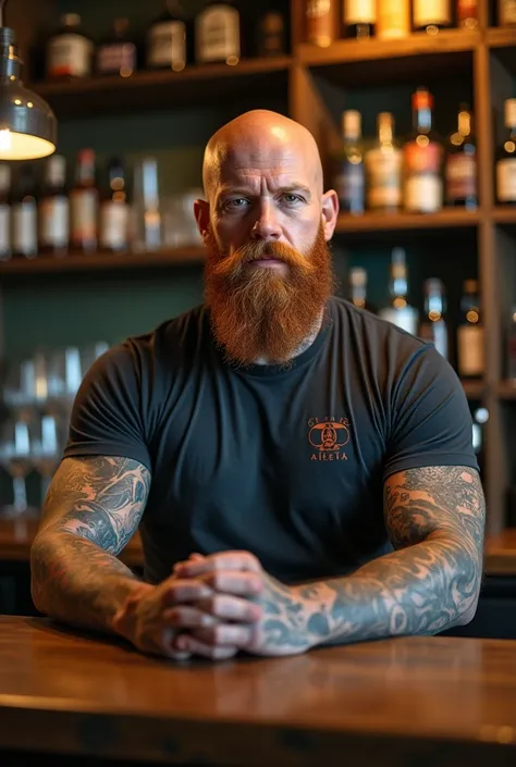 A photo of a bald-headed man, fifty years old, ginger beard, strong, tattooed, barmaid, in tee shirt standing behind a bar counter, full body wide face view