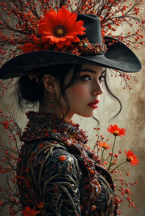 official art, unity 8k wallpaper, very detailed, beautiful and aesthetic, masterpiece, best quality, (zentangle, mandala, tangle, entangle), (fractal art:1.3) , 1 woman, Red flower, very detailed, dynamic angle, cowboy shot, The most beautiful form of chao...