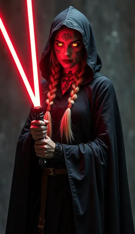 caucasian sith woman, long blonde hair, braided ponytail, face tattoos, glowing orange eyes, double bladed lightsaber, red lightsaber, evil smile, black cloak, hood up, full body image