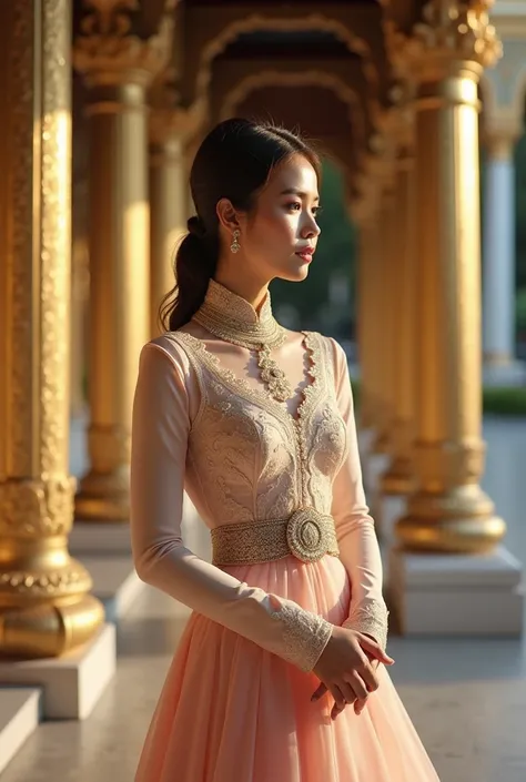 [Subject]: A graceful and elegant woman wearing a traditional Thai Boromphiman dress.
[Details]: The Boromphiman dress features a long-sleeved, fitted top with intricate lace and embroidered details, complemented by a high neckline exuding modesty and eleg...