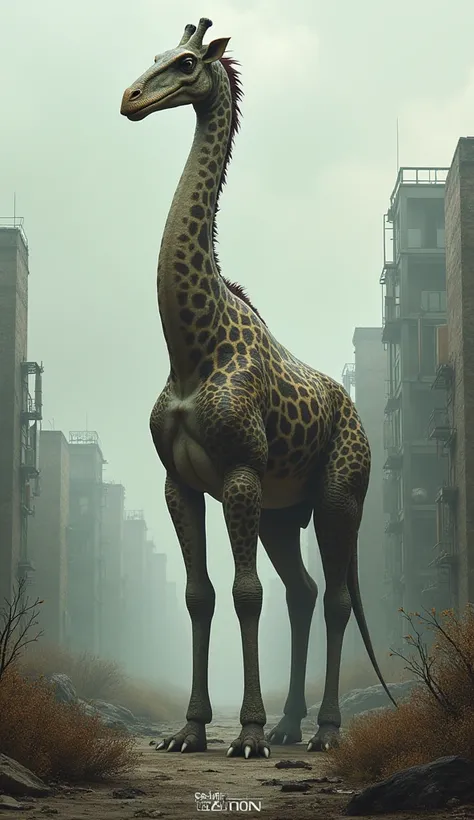 A dinosaur with the head of a giraffe  ,  the dinosaur is half dinosaur and half giraffe , Hes in a post-apocalypse setting 