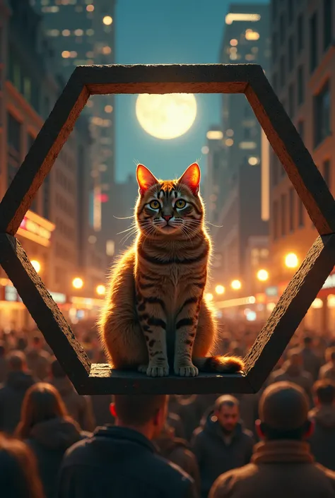 Image of a cat from a hexagonal perspective in the middle of a crowded city with golden and brown colors on a moonlit night 