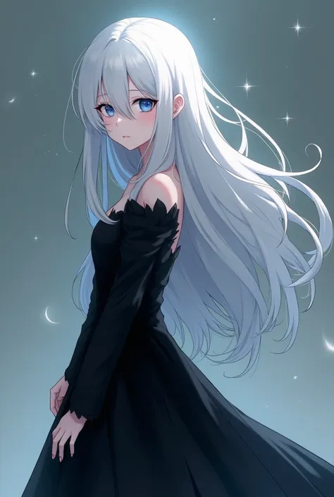 Draw an anime style character with white hair medium white skin blue eyes full black dress no moustache and beard