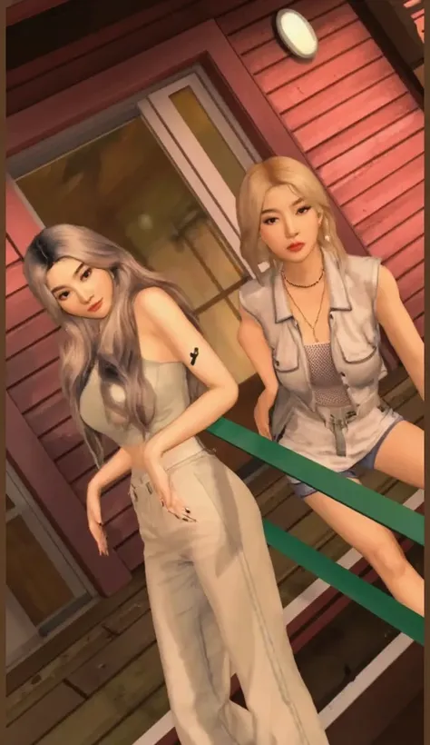  shows two people standing on a wooden porch in front of a house with red siding. One person has long, wavy hair with a mix of colors and is wearing a light-colored outfit with a sleeveless top and high-waisted pants. The other person has short, blonde hai...