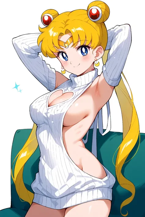 masterpiece,best quality,{{detailed beautiful face and eyes}}, 
Sailor Moon,{{{megami magazine}}},blonde hair,double bun,twintails,parted bangs,red choker,tiara,earrings,blue eyes,medium breasts,
((virgin killer sweater, (sweater dress:1.2), ribbed sweater...