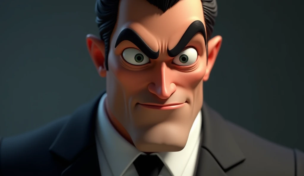 "Close-up of a man with sharp features, dressed in a suit, with a cold, calculating expression. His eyes exude a sense of power and control, suggesting a manipulative nature." "A 3D Pixar-style animated character of a charismatic, manipulative man with sha...