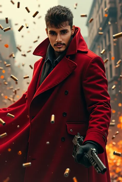 He has a gun in his hand, bullets are flying around him, and he is wearing a red coat.