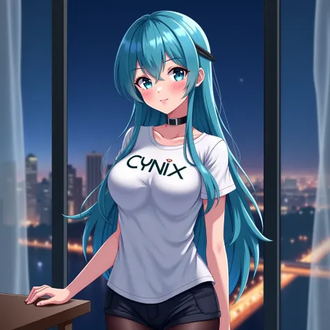 anime style ((Best quality, 8k, Masterpiece :1.3)), Full body, Sharp focus :1.2, Beautiful woman with perfect figure :1.4, Slim stomach :1.2, ((cyan hair, Big breasts :1.2)), body dress : 1.1 , (Night city view, Bedroom :1.1), Highly detailed facial and sk...