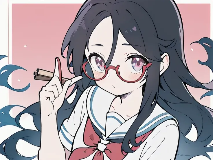  high res, masterpiece,  high detail,  high detail,  anime style, Anime Paint,2D, 1 girl,cute, Young,  flat chest,student, black hair, longhair , Red Glasses ,Im taking notes, school uniform, リボン,Solid color background,that sticks out of the screen part of...