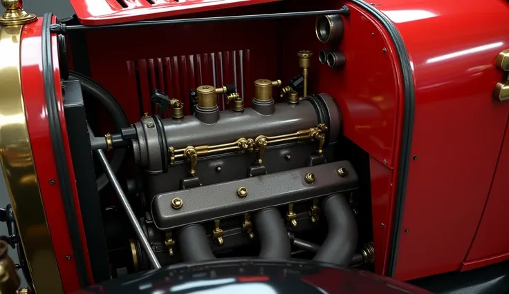 "Generate an ultra-detailed, photorealistic 3D render showcasing the interior engine view of the old-era classic Ford Model S in glossy red. Highlight the authentic early 1900s engine design, featuring exposed mechanical components, brass fittings, and cas...