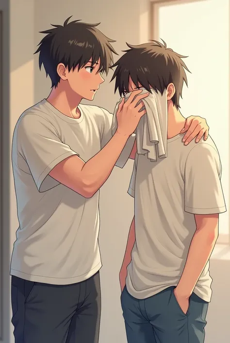 Two young men, one covering the other mans eyes with a cloth 