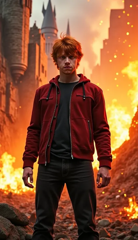 Ron Weasley, in his late 20s, stands tall with his red hair slightly tousled and a determined expression on his freckled face. His broad shoulders and strong build show his readiness for action. Behind him, the vibrant chaos of Hogwarts destruction unfolds...