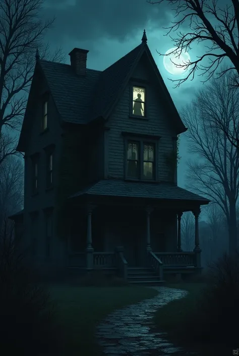 The haunted house at night, with a faint, ghostly silhouette of a man visible in one of the upper windows, staring out into the darkness.