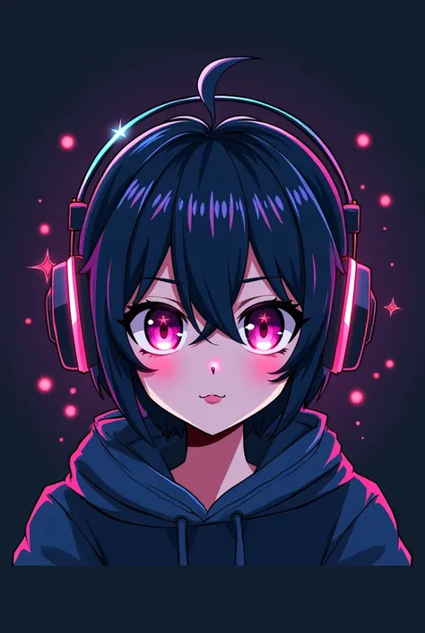 Anime Gamer Character with Headset: "Design a cool anime-style character’s face with large, expressive eyes, wearing a sleek gaming headset. The character should exude a confident, energetic vibe, with vibrant hair and glowing accents. Keep the design mini...