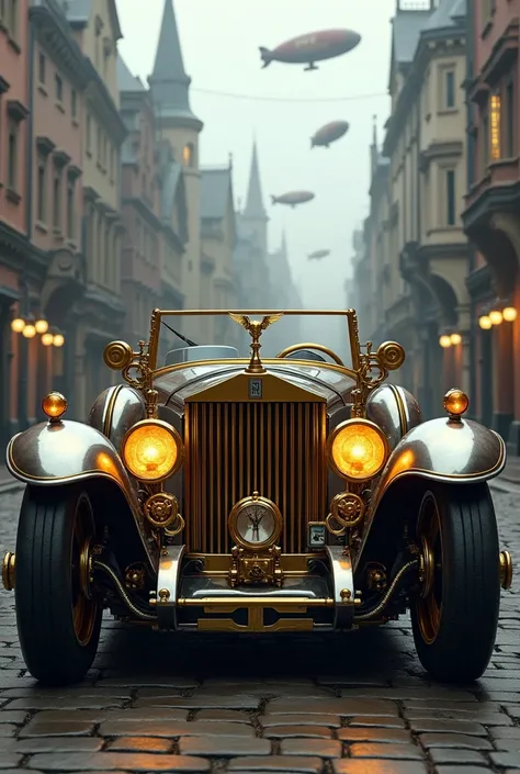 A highly realistic white Rolls-Royce-inspired steampunk car, designed to fit a futuristic city blending medieval Europe and steampunk aesthetics. The car features a luxurious and elegant design with a vintage Rolls-Royce shape, enhanced by brass gears, pip...