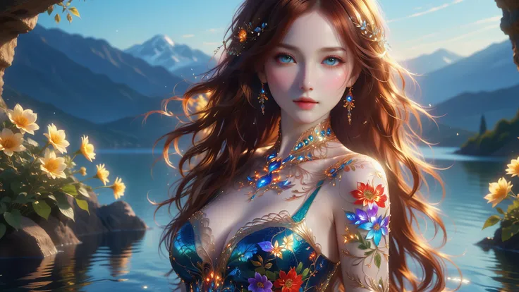 A Masterpiece In 32K Resolution, Supreme Quality, Super Detail, Official Art, Very High-Resolution 32K Wallpaper, Exquisite And Aesthetic, Ultra-Detailed Features, Awe-Inspiring Detail. A Mystical Landscape With Vibrant Flowers, Dancing Shadows, And Skin W...