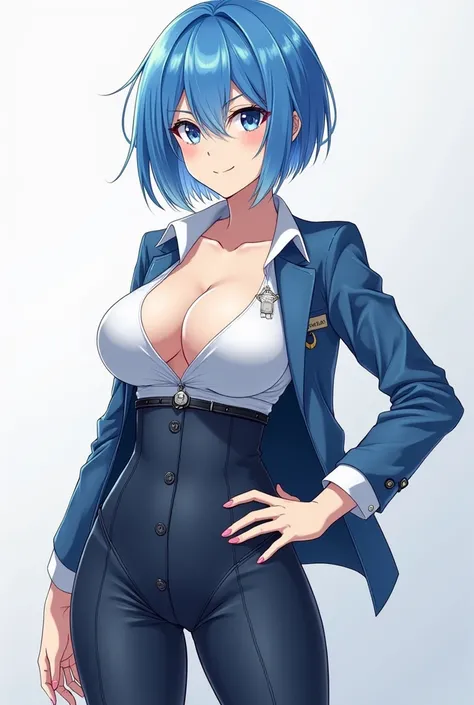 Can you make a blue short haired beautiful anime character, matured, big breasts and rear with a slender body. Fair skin, blue eyes, assertive, and strong-minded and so on. Make her wear some schook attire