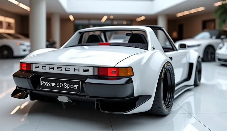 A 3D render of a heavily modified 2025 Porsche 914 Spider in white color, viewed from the front. Side The car features front side, ultra-high-detail glossy and shiny modifications, including sleek add-ons. The Porsche 914 Spider logo is prominently display...