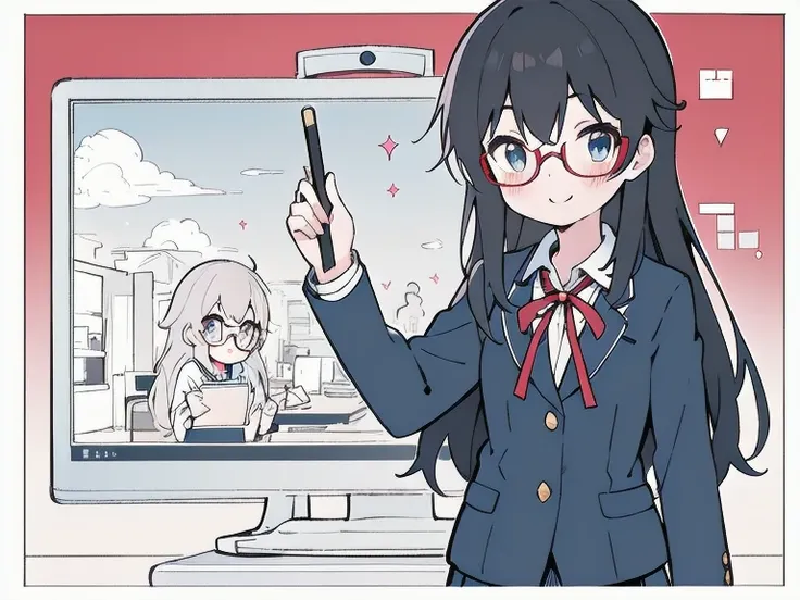  high res, masterpiece,  high detail,  high detail,  anime style, Anime Paint,2D, 1 girl,cute, Young,  flat chest,student, black hair, longhair , Red Glasses ,Im taking notes, school uniform, ribbon,Solid color background,that sticks out of the screen part...