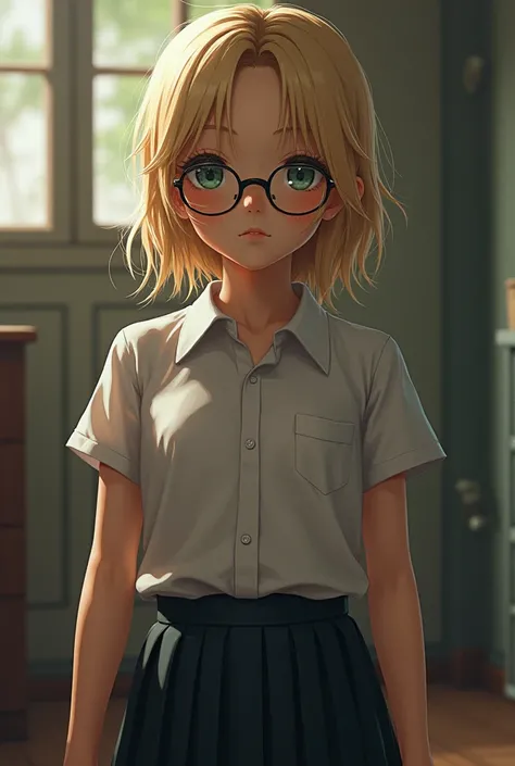 Sedy blonde girl with messy hair and glasses in tight fitting school uniform