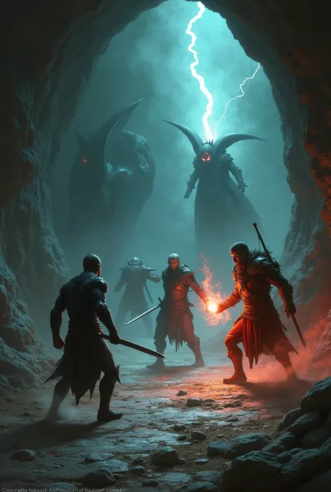 A tense and chaotic scene inside a dimly lit cave. Five adventurers are battling an unseen horde, their figures illuminated by the magical energies they wield.

A slim, feral-looking humanoid golem made of black adamantine is at the forefront, its fists cl...