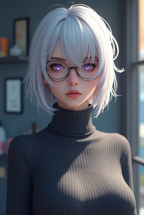  Woman is a fake boy 。 with white hair and purple eyes。 Wear a high collar sweater ，Busty ， round glasses 。