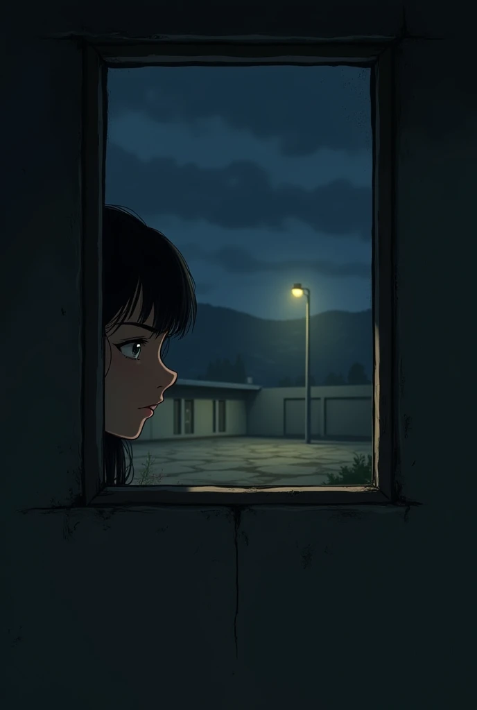 Rina peeks through the small window, seeing an empty yard illuminated by a faint streetlight.