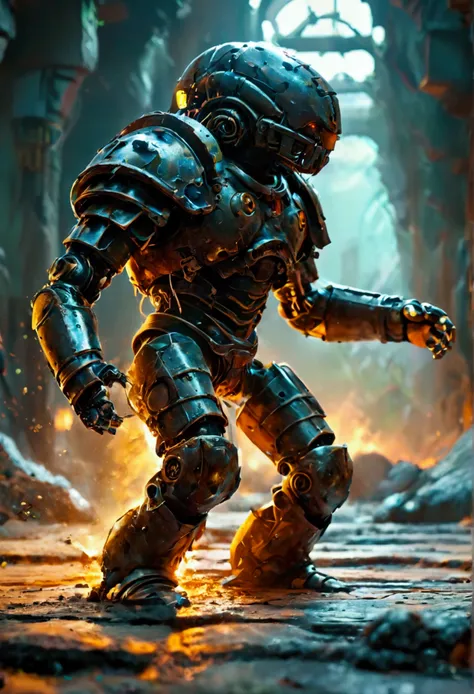 A robot cladiator (very mechanical, wasteland barbarian meets roman gladiator Style, big weapon), alien arena, facing an alien slime robot gladiator, show them from head to toe, dramatic confrontation