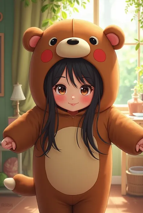 girl with dark hair wearing a domo kun suit