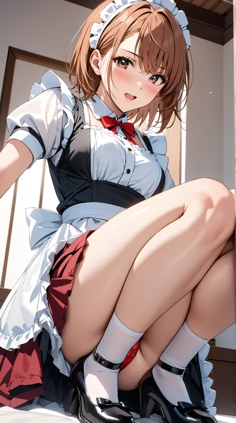  maid clothes,  long skirt, blush, Ecstasy face,  red underwear,  low angle,  squats,  open leg , (Misaka Mikoto), masterpiece:1.5, masterpiece, highest quality, UHD, retina, masterpiece, accurate anatomy, super detailed, high quality, best quality, 8k