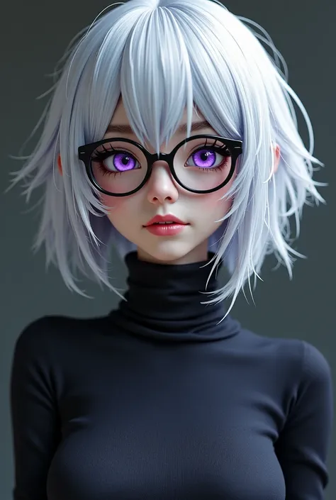  Woman is a fake boy 。 with white hair and purple eyes。 Wear a high collar sweater ，Busty ， round glasses 。