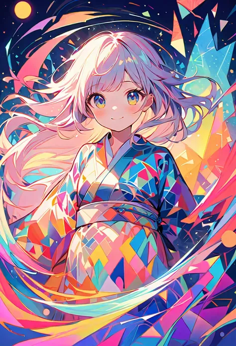 ，Blank Background， Geometric Puzzle Style ，cute girl, 輝く瞳, ,  happiness， cute smile inside the Kyoden，  flowing hair ， Light Blue Geometric Yukata，周围有 Colourful Geometric Patterns ， brightly colored ，Sparkling fireworks in the background， Colourful Geometr...