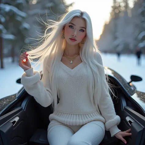 Most beautiful Korean girl, giving a cool pose on a luxury super car, sexy and hot body, sexy body curves, absurdly long hair , milky white skin, light on the face, really bright face, most expensive clothes, super expensive everyday outdoor clothes, backg...