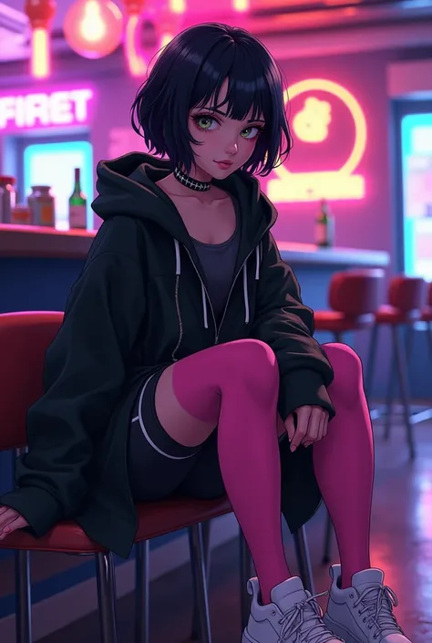 A girl from Marvel Comics with black short hair and bangs, wearing a black shirt oversized hoodie with a zipper, pink leggings, black shorts, white sneakers and a studded black chocker is sitting in a futuristic bar with neon lights