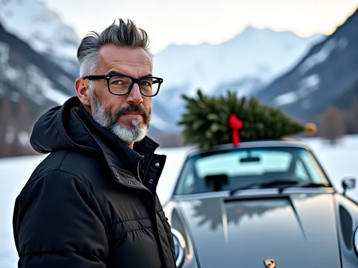 The image shows a 50 man standing beside his old porsche 911. He has short gray hair, combed upwards and styled slightly tousled. His face shows a long, well-groomed dark gray beard. He is dressed in a black jacket that appears to be from the Armani brand....