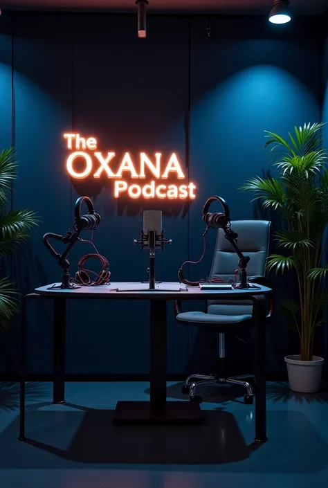 
" A modern podcast studio room ,  with a professional setup including microphones , headphones and an elegant table .  The background features an LED-illuminated sign that reads The Oxana Podcast in elegant and bold letters.  The decor includes acoustic p...