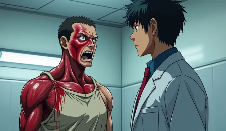 Anime, A Japanese man with burns all over his body, wearing a burned shirt, talking to a doctor 