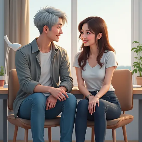 (PhotoRealism1.2), character 1: korean guy, 25 years old, silver haired, blue eyes, grey jacket, white shitt, blue clean jeans, white shoes. Character 2: korean woman, 25 years old, brown long hair, blue eyes, big breasts, white short shirt, dark jeans, pi...