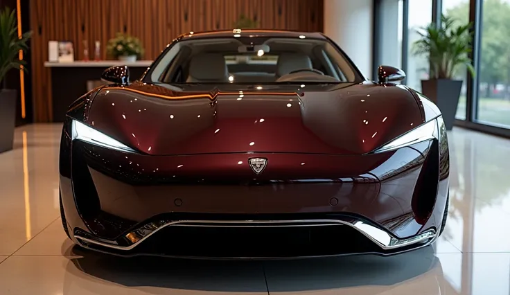 2025 Fisker Karma color dark maroon the front view in luxury showroom 