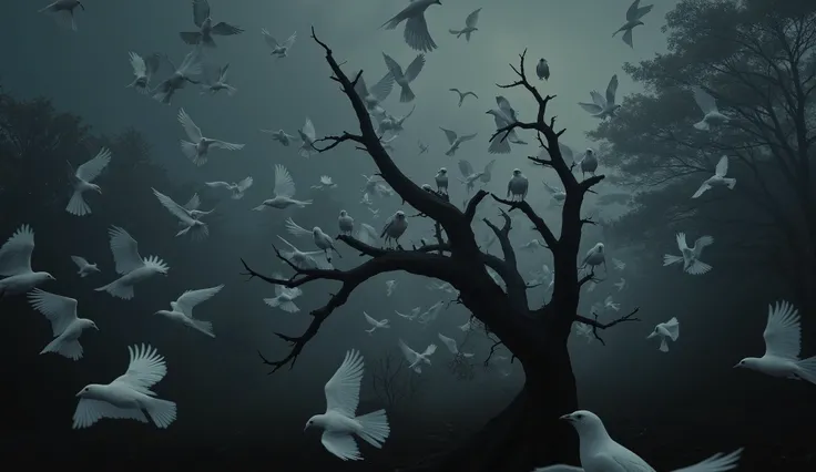 Dozens White crow flying irregularly, forest background at dawn, At night, scary atmosphere, realistic, on a tree