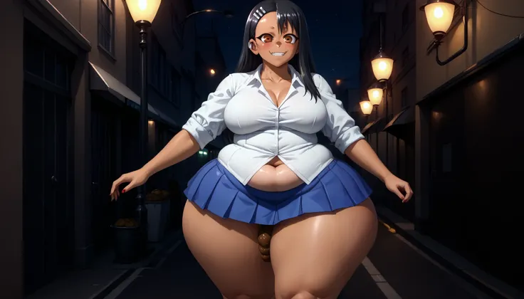 best quality, high rating, (((Nagatoro))), 1girl, giantess the size of a skyscraper, big breasts, wide fat thighs, massive ass, chubby cheeks, round chin, fat arms, deep belly button, (ultra tight white button-up shirt), sleeves rolled up, shirt collar unb...