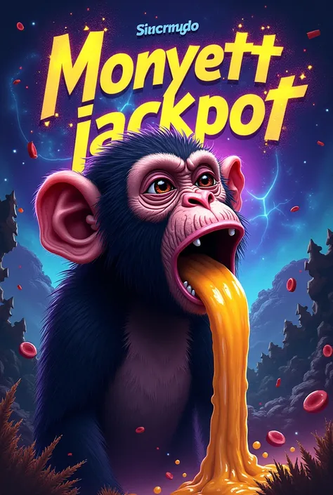 Elegant graffiti inscribed monyettjackpot  ,  electric galaxy background with a picture of a monkey expelling yellow liquid from its mouth 