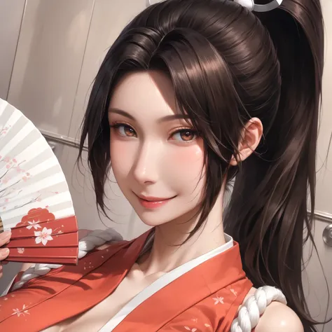 score_9,score_8_up,score_7_up,high res image,masterpiece,best quality,realistic,Mai Shiranui,(plump:1.7),(black pupil:1.2),(brown black hair:1.3),(High ponytail:1.3),(in the elevator:1.4),(holding_fan:1.3),(revealing japanese clothes, pelvic curtain:1.5),(...