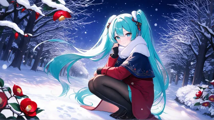 Hatsune Miku admires camellias in the snow at night, vibrant,looking at viewer, masterpiece,  Very Aesthetic Masterpiece,  top quality , full body shot