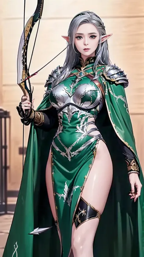 (best quality:2.0), (extremely detailed:2.0), (highly detailed:2.0),(Alfe, an elf archer, wearing traditional elven warrior gear, a light green armor with silver patterns, carrying a crossbow and a quiver of arrows, showcasing her warrior prowess and uniqu...