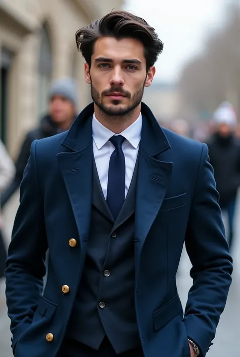 Give me a French male , around 21-25years old , blue color round eyes, define jawline, full bear, define cheekbones, black hair, wearing blue suit and tie , he is walking with a gorgeous lady in Paris on winter 