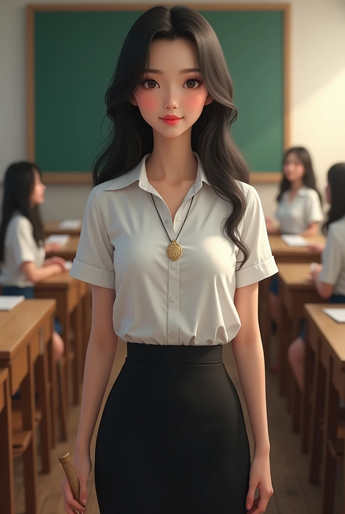 Beautiful Thai girl with smooth skin, black hair, dark brown eyes, gold pendant (medium chest), wearing Thai teachers outfit, white short-sleeved shirt, black short skirt, slim fit, holding a small wooden stick in her hand, standing and posing in the class...